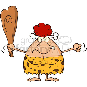 grumpy red hair cave woman cartoon mascot character holding up a fist and a club vector illustration clipart. Royalty-free image # 399139