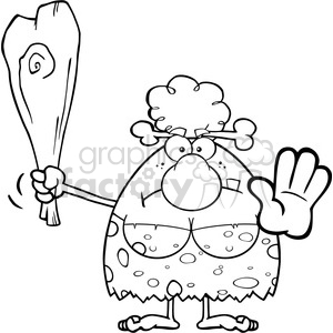 clipart - black and white angry cave woman cartoon mascot character gesturing and standing with a spear vector illustration.