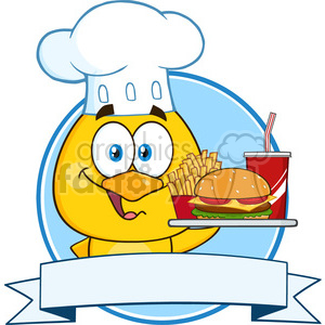 royalty free rf clipart illustration chef yellow chick cartoon character holding a fast food over a ribbon banner vector illustration isolated on white clipart. Commercial use image # 399219