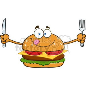 illustration hungry burger cartoon mascot character with knife and fork vector illustration isolated on white background clipart. Royalty-free image # 399418