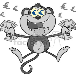 royalty free rf clipart illustration rich monkey cartoon character jumping with cash money and euro eyes gray color vector illustration isolated on white clipart. Commercial use image # 399614