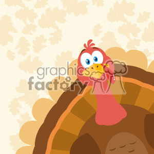 Thanksgiving Turkey Bird Cartoon Mascot Character Peeking From A Corner Vector Flat Design Over Background With Autumn Leaves clipart.
