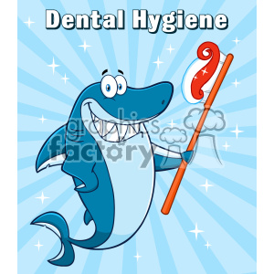 clipart - Smiling Blue Shark Cartoon Holding A Toothbrush With Paste Vector With Blue Sunburs Background And Text Dental Hygiene.