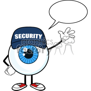 Blue Eyeball Cartoon Mascot Character Security Guard Waving For Greeting With Speech Bubble Vector clipart.