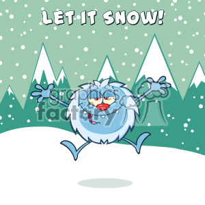 Happy Little Yeti Cartoon Mascot Character Jumping Up With Open Arms Vector With Snow Montains Background With Text Let It Snow clipart.