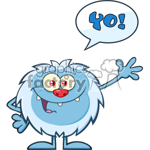 Cute Little Yeti Cartoon Mascot Character Waving For Greeting With Speech Bubble And Text Yo! Vector clipart. Commercial use image # 402980