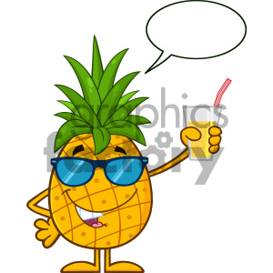 Pineapple Fruit With Green Leafs And Sunglasses Cartoon Mascot Character Holding Up A Glass Of Juice With Speech Bubble clipart. Royalty-free image # 404404