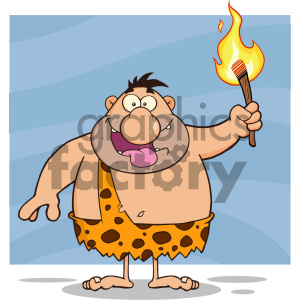 clipart - Happy Caveman Cartoon Character Holding Up A Fiery Torch Vector Illustration Isolated On White Background.