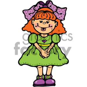 small cartoon girl wearing green dress vector art clipart.