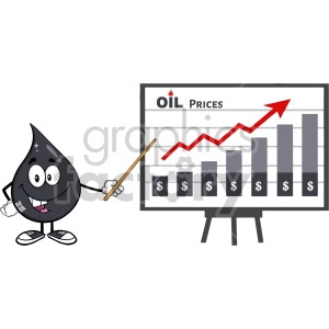 clipart - royalty free rf clipart illustration happy petroleum or oil drop cartoon character pointing to a growth graph for oil prices vector illustration isolated on white background.