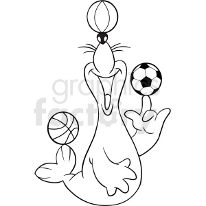 clipart - black and white seal playing with balls cartoon.