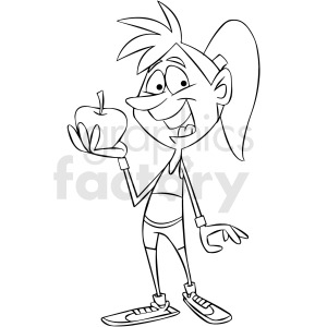 clipart - black and white cartoon women in yoga pants eating an apple.