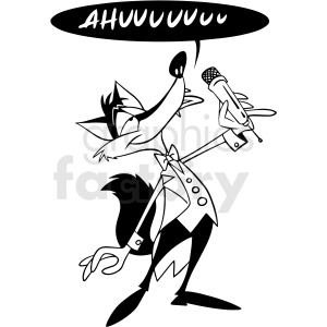 black and white cartoon wolf singing vector clipart .