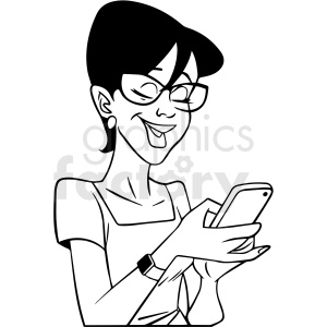 black and white african american female laughing at her phone vector clipart .