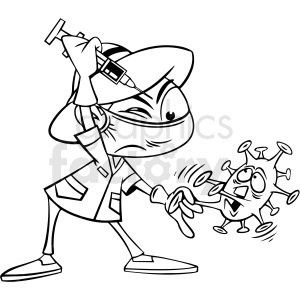 clipart - black and white nurse trying to vacinate covid 19 virus cartoon vector clipart.