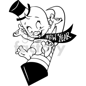 clipart - black and white baby new year riding on rocket vector clipart.