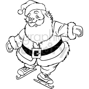 black and white cartoon Santa on ice skates clipart .