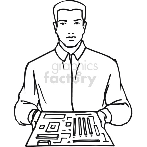 man holding a computer motherboard black white