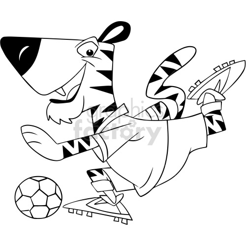 black and white cartoon tiger playing soccer clipart .