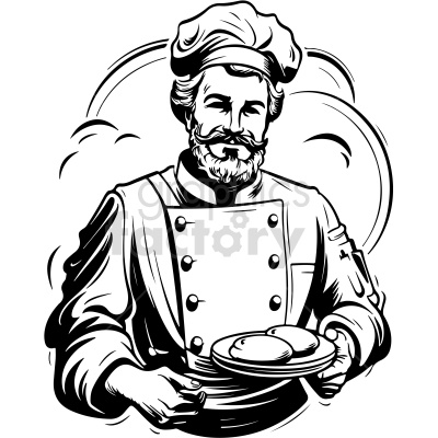 black and white chef holding dish vector clip art
