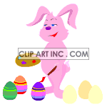 Animated Pink Easter Bunny decorating Easter eggs clipart.