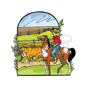   horse cowboys rope cowboy horses western cow cows two railed fence herd  watchingcowboy44.gif Clip Art Agriculture 