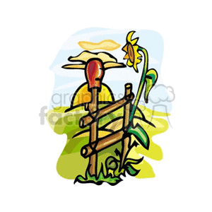 clipart - Sunflower growing next to farm fence overlooking sunkissed fields.