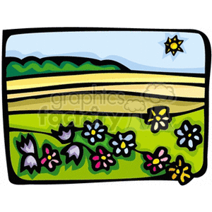 Tulips and assorted brightly colored flowers lining wheat field clipart.