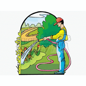 Gardener in overalls watering flowerbed  clipart. Royalty-free image # 128579