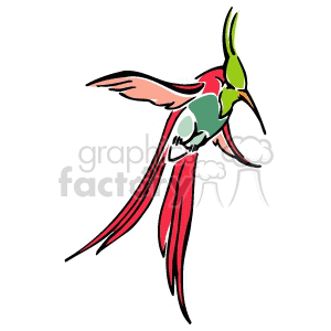The image is a stylized clipart illustration of a hummingbird in flight. The bird features bright colors with a green body, red tail feathers, and accents suggesting motion and grace.