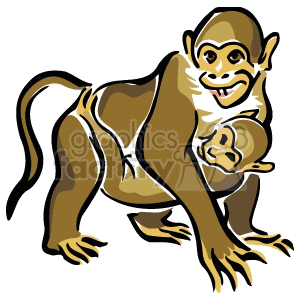 clipart - Mother monkey holding her baby.