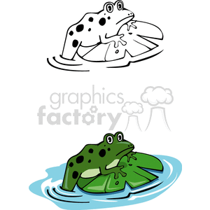 Cartoon frog climbing onto lily pad clipart. Royalty-free image # 129834