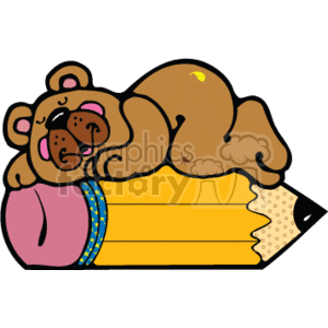 A cartoon bear is lying on a large pencil, which is yellow in color and has a pink eraser on top of it.