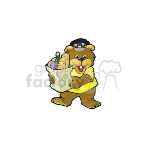 Smiling cartoon bear wearing a hat carrying a bag of groceries