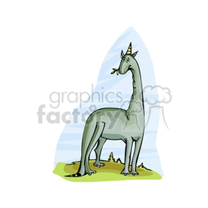 This is a cartoon image of a tall, slender, greenish-gray dinosaur with a long neck and tail, small forelimbs, and what appears to be two horns on its head. It is standing in a landscape that could be indicative of an ancient prehistoric environment, with some small plants at its feet and a simplified depiction of a blue sky with white swirls in the background.