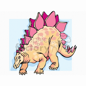 The image is a cartoon depiction of a dinosaur, specifically resembling a Stegosaurus with its distinctive row of plate-like structures along its back and spiked tail. The dinosaur is primarily illustrated in a yellowish color with pink spots and has pink plates with a magenta outline.