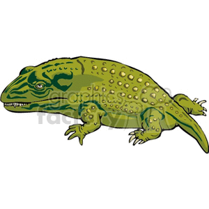 The image is a clipart of a green dinosaur. It's depicted in a side profile, showing its full body with a detailed skin texture featuring spots and a pattern that resembles scales. The dinosaur has a heavyset body, four robust legs, a long tail, and a head with visible teeth, suggesting it might be a representation of a carnivorous type.