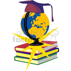 clipart - Cartoon globe on a stack of textbooks wearing a graduation cap.