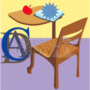 clipart - Cartoon desk and chair with an apple.