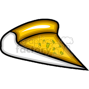 The clipart image depicts a stylized, cartoon-like slice of pizza. The pizza slice appears to have a golden crust, yellow cheese topping, and green pieces that could represent a topping like green peppers or herbs.