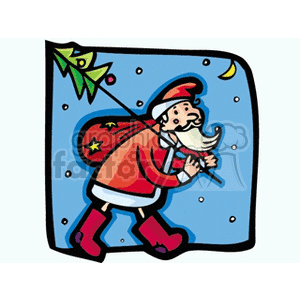 Santa Claus Carrying His bag Of Christmas Gifts and A Simple green Christmas Tree clipart.