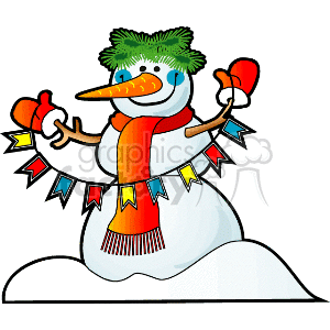 Happy Snowman with a Carrot Nose Holding a Colorful Set of Flags clipart. Royalty-free image # 143263