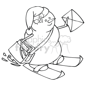 Black and White Snowman Mail Carrier on Skies clipart.