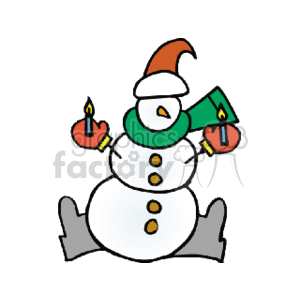 This clipart image depicts a cartoon snowman associated with the Christmas holiday season. The snowman is wearing a green scarf and a Santa hat with the hat's brim and pom-pom in a brownish color. It has three black buttons down its front, and two stick arms are extended outward holding blue candles. The snowman appears to be smiling and has a classic carrot nose.