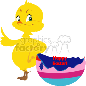 Happy Easter Chick Leaning on a Cracked Easter Egg clipart. Commercial use image # 144171