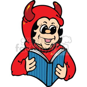 Girl wearing a devil costume reading a scary Halloween book clipart.