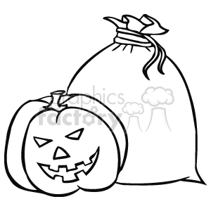 In the image, there is a classic Halloween pumpkin with a carved face, often referred to as a jack-o'-lantern, near a sack that is tied at the top. The pumpkin features triangular eyes, a nose, and a toothy grin typical of traditional Halloween pumpkin carvings. The image is designed in a black and white outline style typical of clipart.