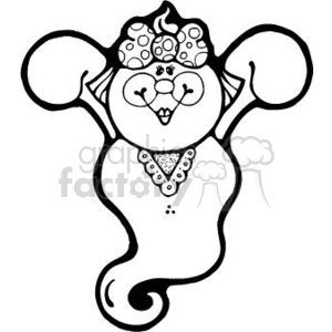 The image is a black and white clipart of a stylized, cartoon-like ghost. It has a girly appearance, with a bow on its head and a necklace, which could suggest it is themed for the Halloween holiday.