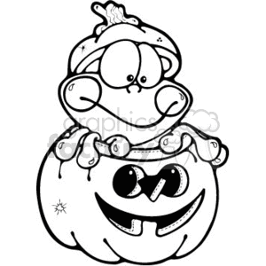 cartoon frog peaking out of a pumpkin for Halloween clipart. Commercial use image # 144959