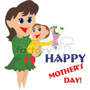 Mom holding a  baby boy while receiving flowers from him. clipart. Royalty-free image # 145094